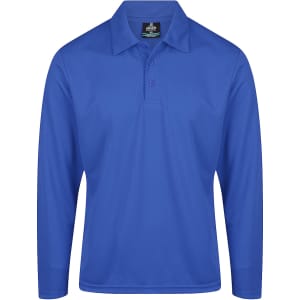 A long-sleeve polo shirt in a vibrant blue shade, featuring a collar and three buttons. Includes a logo on the chest.