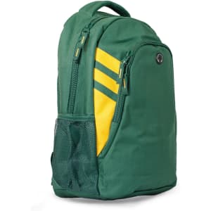 A green and yellow backpack with zippered compartments and a mesh side pocket; features a logo.