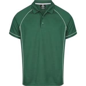 A green polo shirt with contrasting white piping and a collar. It features a logo on the front.