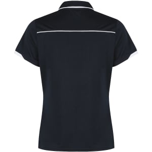 A navy polo shirt with contrasting white accents and a logo at the back. Suitable for casual or sportwear.
