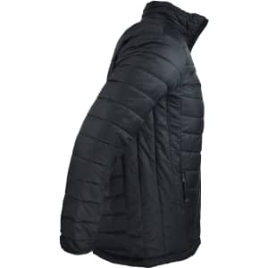 A black puffy men's jacket with a high collar and side zipper pockets, featuring a logo.
