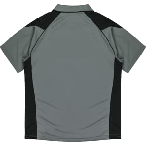 A grey polo shirt with black accents at the shoulders and back, featuring a logo.