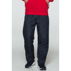 Navy track pants for men, featuring an elastic waistband and relaxed fit, complemented by a red hoodie.