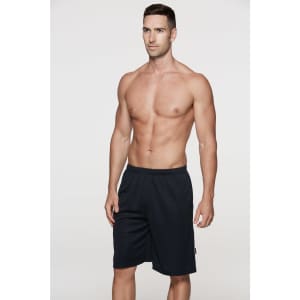 Black sports shorts worn by a shirtless male model. The shorts have an elastic waistband and a logo.