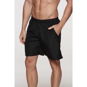 Black men's sports shorts with an elastic waistband and side pocket. The shorts have a smooth texture and a logo.
