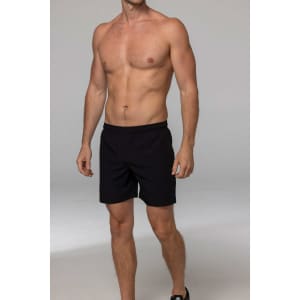 Men's black training shorts with an elastic waistband, designed for sports activities. Features a logo on the waistband.