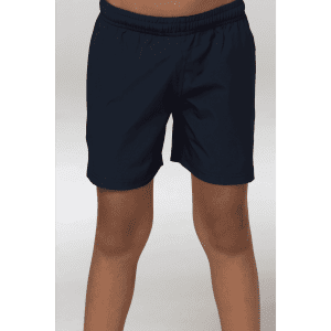 Navy blue sports shorts with an elastic waistband, designed for boys. Features a simple logo.