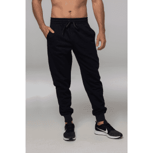Tapered fleece men's pants in black, featuring an elastic waistband and two side pockets. Includes a logo.