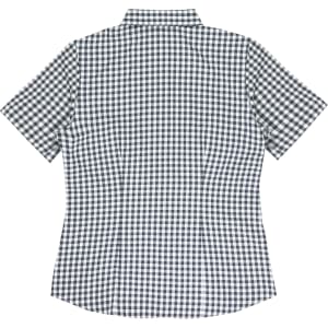 A short-sleeve button-up shirt featuring a navy and white gingham pattern and a collar, with a logo on the back.
