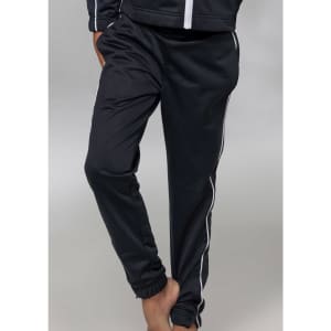 Black track pants featuring a side stripe and elastic cuffs, suitable for casual wear, with a branded logo.