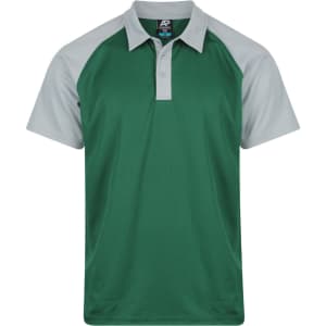 A green and grey polo shirt with a logo on the front, featuring short sleeves and a collar.