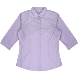 A lavender button-up shirt with three-quarter sleeves and a collar, featuring a logo.
