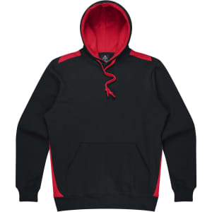 A black hoodie with red accents, featuring a front pocket and a drawstring hood. It has a logo on the chest.