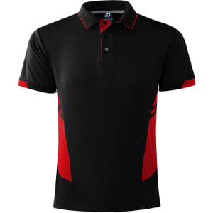 A black and red polo shirt with a collar, featuring contrasting side panels and a logo.
