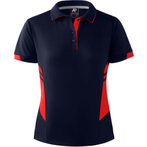 A navy blue polo shirt with red accents and a branded logo. Features a collared neck and short sleeves.