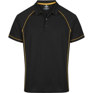 A black polo shirt with yellow accents and a logo on the chest. Short-sleeved design, featuring a classic collar.