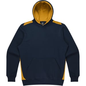 A navy blue hoodie with yellow accents and a front pocket. It features a hood and has a branded logo.