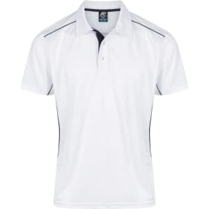 A white men's polo shirt with black accents and a collar, featuring a branding logo.
