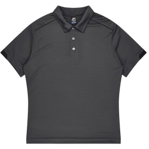 A dark grey polo shirt with a collar and short sleeves, featuring a logo on the chest area.