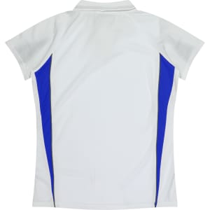 A white polo shirt featuring blue side panels and a collar, with a logo on the design.