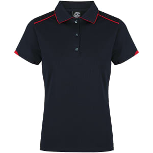 A navy polo shirt with red accents, featuring a collar and button placket. Includes a branding logo.