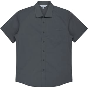 A short sleeve button-up shirt in dark grey with a single chest pocket and a logo on the collar.