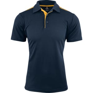 A navy blue polo shirt with yellow accents and a collar, featuring buttons and a logo.