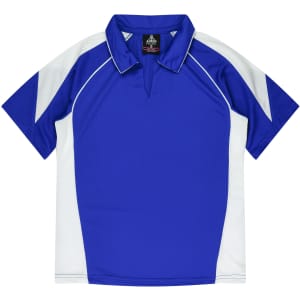 A blue polo shirt with white accents and a collar, featuring a logo on the chest.