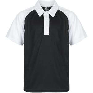 A black and white polo shirt with a collared neckline and short sleeves. Features a logo on the label.