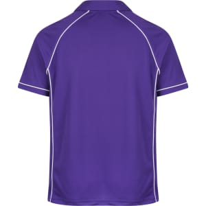 A purple polo shirt with contrasting white piping, featuring a collar and short sleeves, and has a logo.