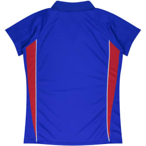 A blue polo shirt with red side stripes and a collar, featuring a logo.