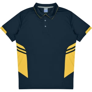 Navy blue polo shirt featuring yellow accents and stripes, with a collar and button placket. Includes a logo.