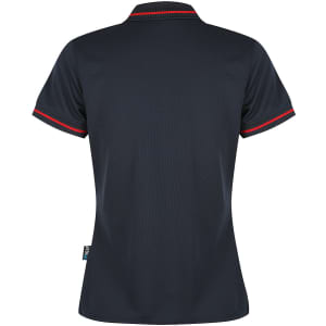 A navy polo shirt featuring red trim, with a classic collar and short sleeves, displayed from the back.