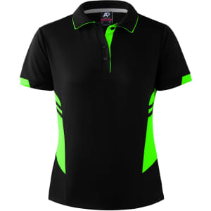 A black polo shirt featuring vibrant green accents and a logo on the chest.