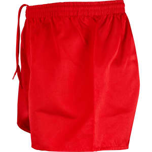 Red rugby men's shorts with an elastic waistband and drawstring, featuring a logo. Ideal for sports activities.