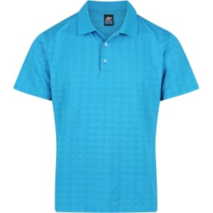 A vibrant blue polo shirt with a subtle pattern and a collar, featuring a logo on the chest.
