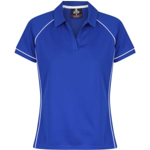 A blue polo shirt designed for women, featuring a classic collar and contrasting piping details. It has a logo on the label.