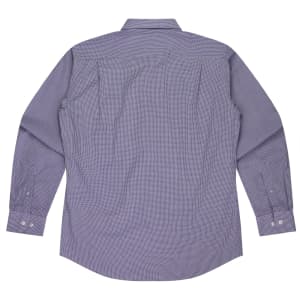 A long sleeve button-up shirt in a purple check pattern, featuring a back yoke and button cuffs.
