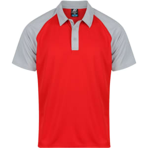 A red and grey polo shirt with a classic collar and short sleeves, featuring a logo on the chest.
