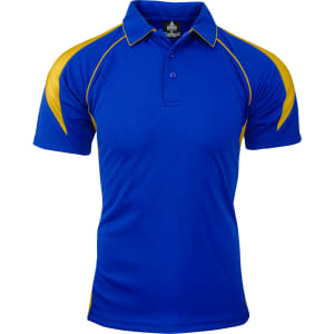 A short-sleeved polo shirt in vibrant blue with yellow accents and a logo on the chest.