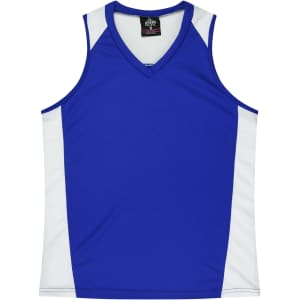 A blue singlet with white side panels and a v-neck design, featuring a logo at the top.