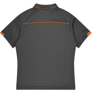 A grey polo shirt with orange accents and a logo on the back, part of a sports uniform collection.