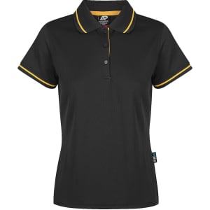 A black polo shirt with a yellow collar and sleeve trim, featuring a logo. Suitable for casual or semi-formal wear.