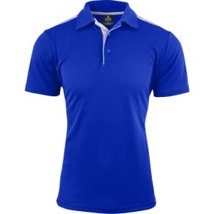 A blue men's polo shirt with a three-button placket and contrasting collar, featuring a logo on the chest.