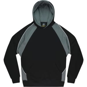 A black and grey hoodie featuring a large front pocket and a hood, with contrasting colour panels.