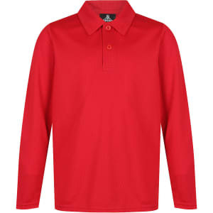 A red long-sleeve polo shirt with a collar and three buttons, featuring a logo on the front.