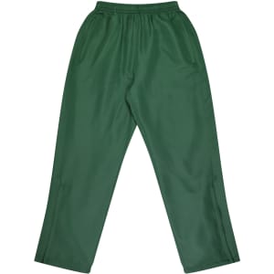 Green track pants featuring an elastic waistband and side pockets, with a logo on the design.