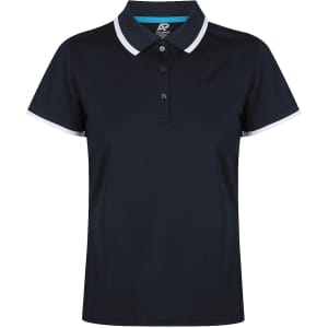 A navy polo shirt featuring a collared neckline, three-button placket, and contrasting trim. It has a logo on the chest.