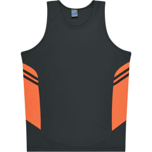 A dark green singlet with orange accents and black stripes. It features a logo on the label.