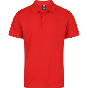 A red polo shirt with a collar and three buttons, featuring a logo on the chest.